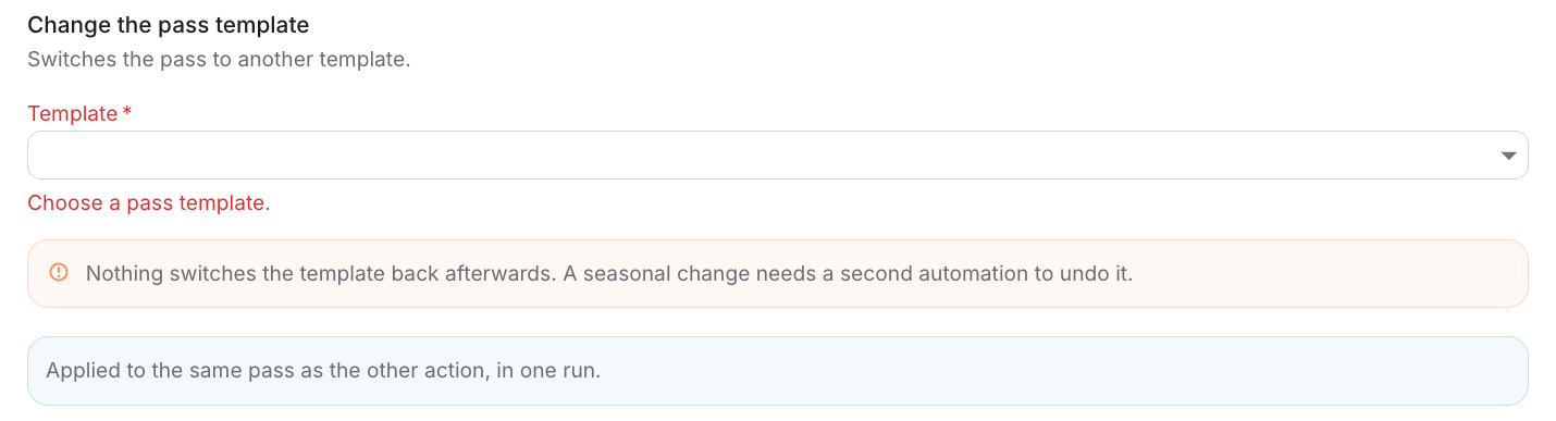 Change the pass template panel with the template picker and a reminder that nothing switches it back