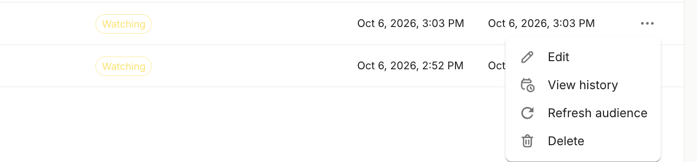 Row menu of an automation with Edit, View history, Refresh audience and Delete