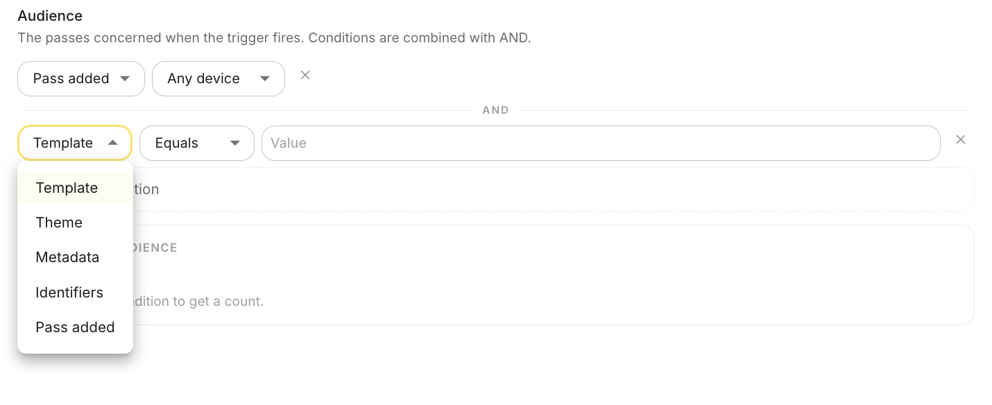Condition type list with Template, Theme, Metadata, Identifiers and Pass added