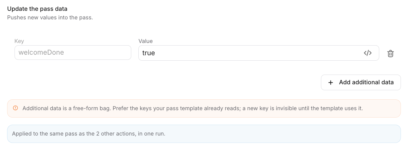 Update the pass data panel with a key, a value and the Add additional data button