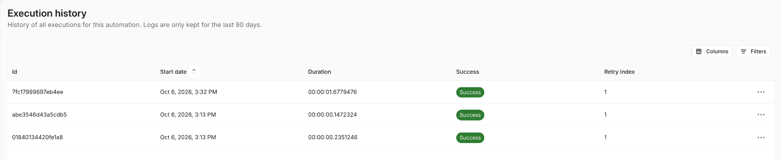 Execution history page listing runs with their start date, duration, success status and retry index