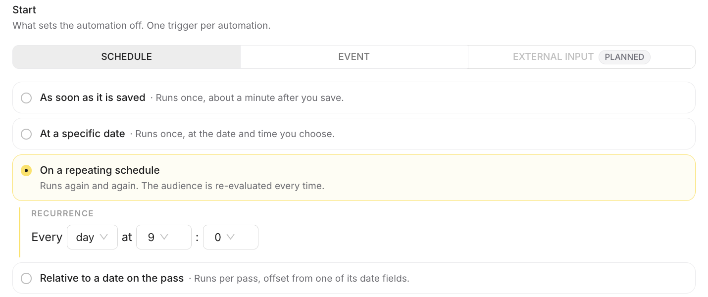 Start panel with On a repeating schedule selected, set to every day at 9:00